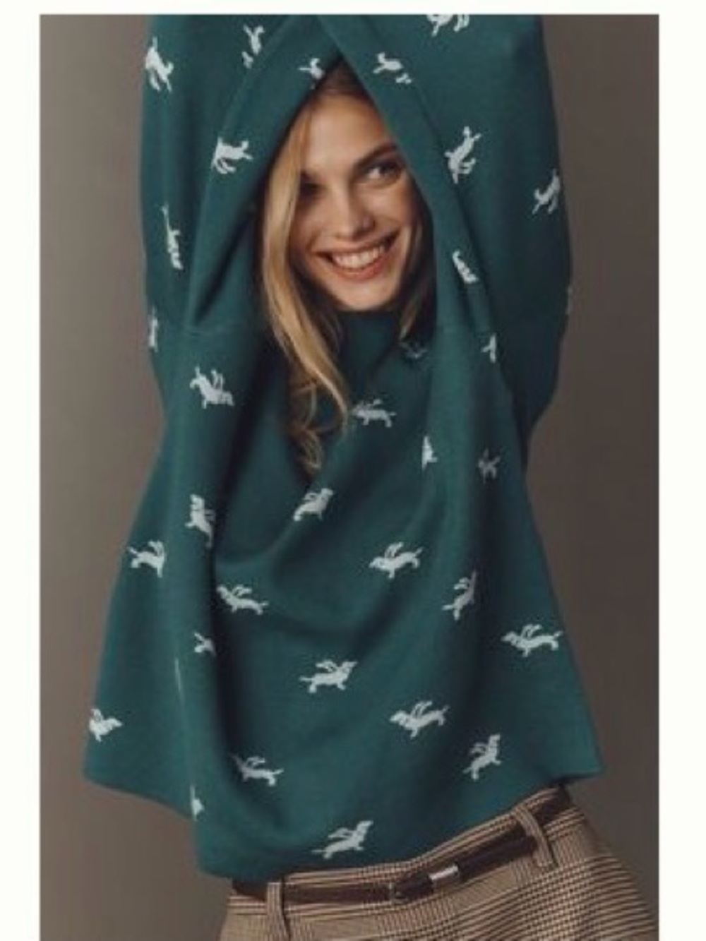 Maeve Forest Green Crewneck Sweater with White Horse Motif